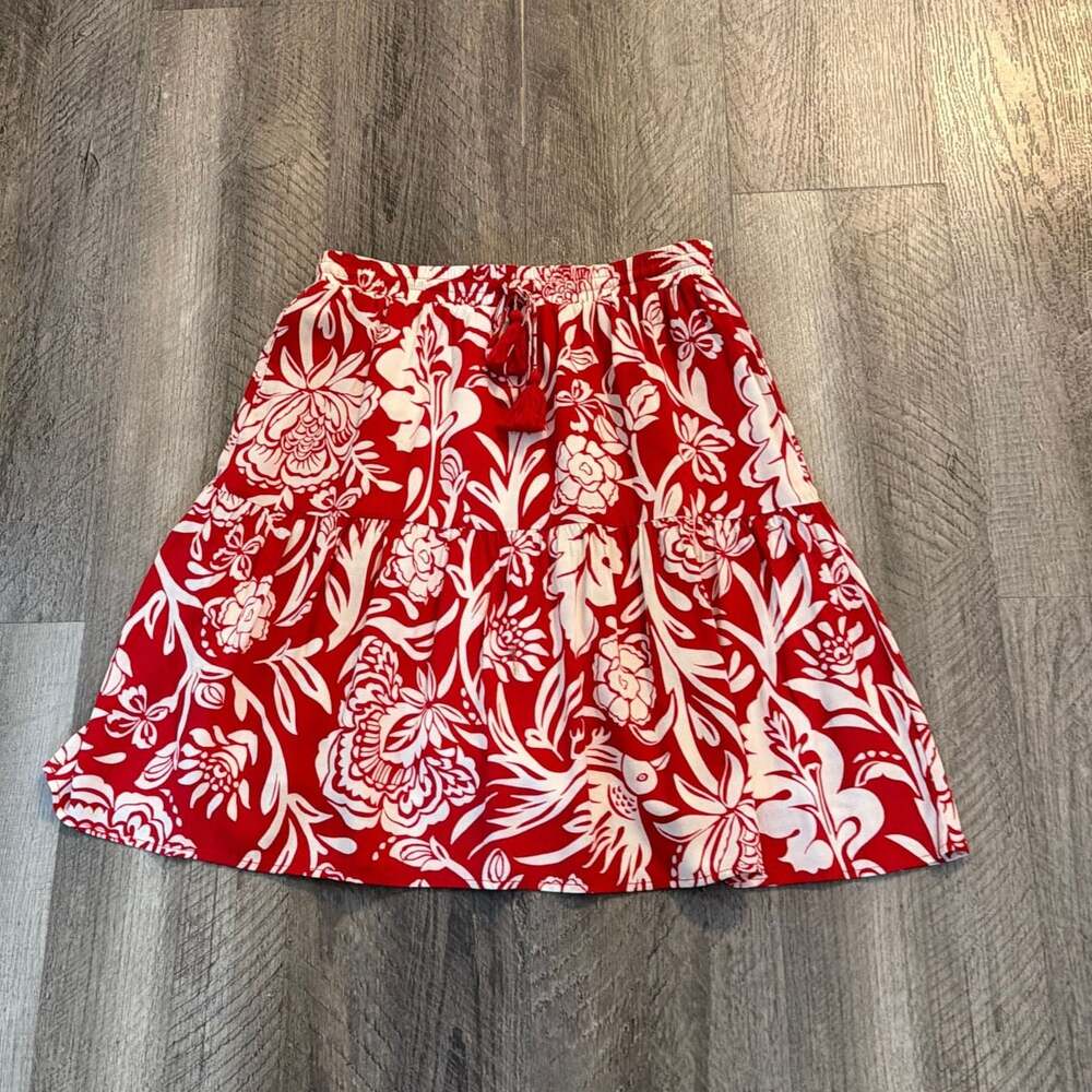 Knox Rose Red and White Tropical Floral Tiered A-Line Skirt with Tassels Size S